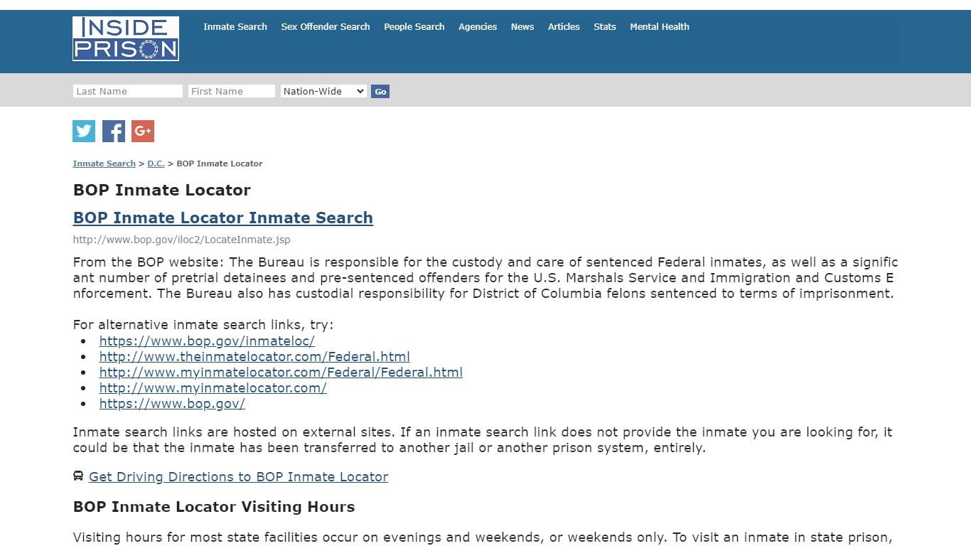 BOP Inmate Locator - D.C. - Inmate Search - Inside Prison